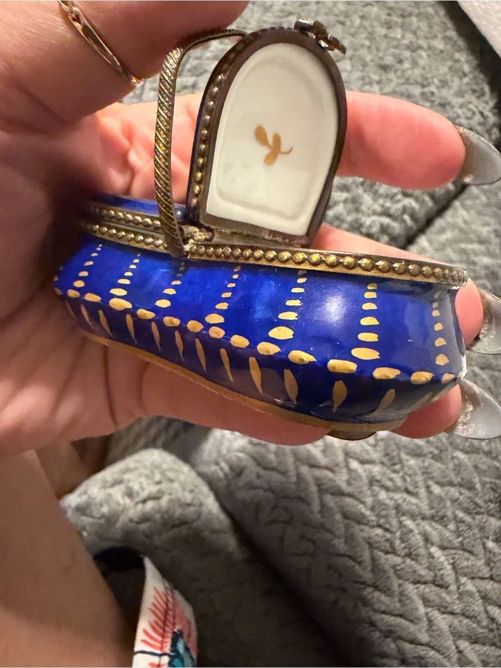 Limoges Blue Enamel Basket Cosmetic Box with Gold Accents